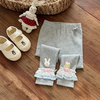 Toddler Girls Sweet Ribbed Knit Bunny Embroidery Lace Ruffle Leggings - Grey - 8-9T - image 3