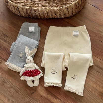 Toddler Girls Sweet Ribbed Knit Bunny Embroidery Lace Ruffle Leggings - Beige - 8-9T - image 5