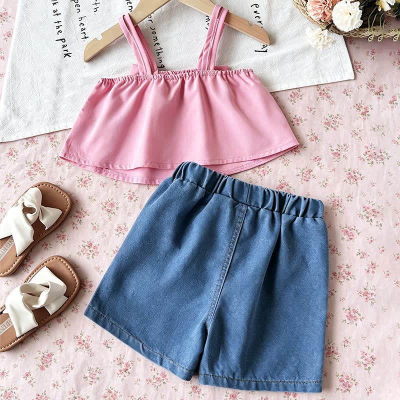Toddler Girl Pink Bow Cami Top and Denim Shorts 2-piece Set - image 2