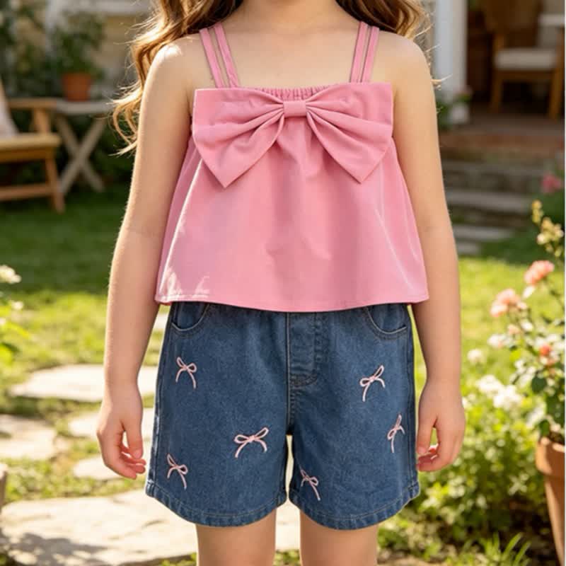 Toddler Girl Pink Bow Cami Top and Denim Shorts 2-piece Set - image 3