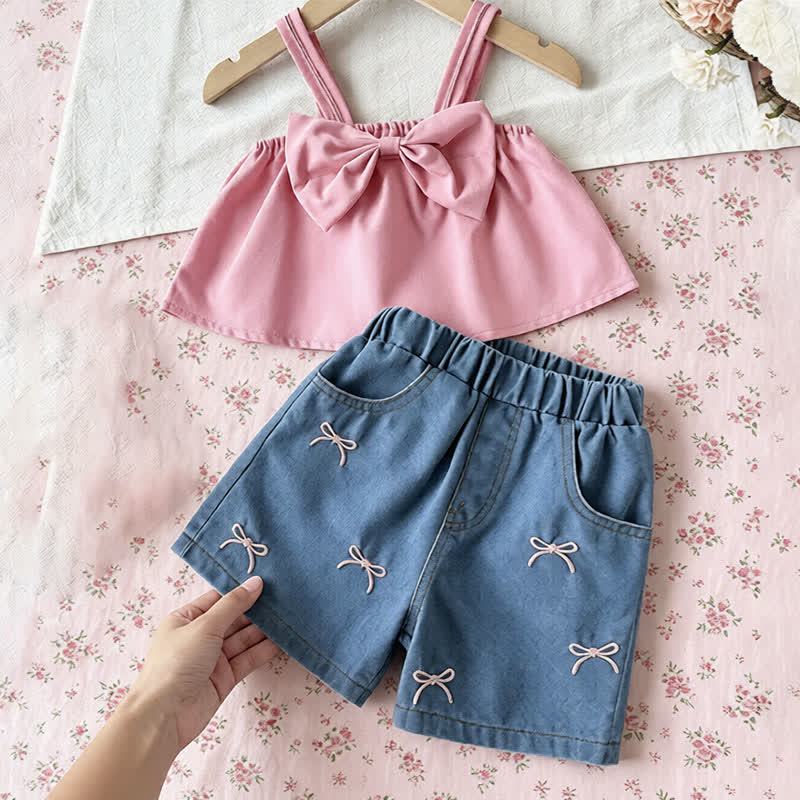 Toddler Girl Pink Bow Cami Top and Denim Shorts 2-piece Set - Pink - 8Y - image 1