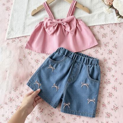 Toddler Girl Pink Bow Cami Top and Denim Shorts 2-piece Set - Pink - 8Y - image 1