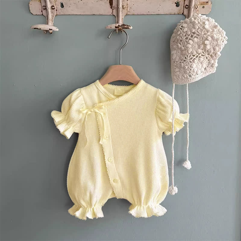 Baby Girls Cotton Bow Solid Color Puff Sleeves Bubble Legs Romper - Apricot - 12-18M - image 5