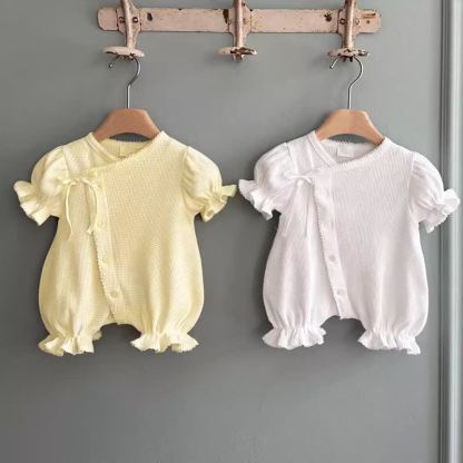 Baby Girls Cotton Bow Solid Color Puff Sleeves Bubble Legs Romper - image 1