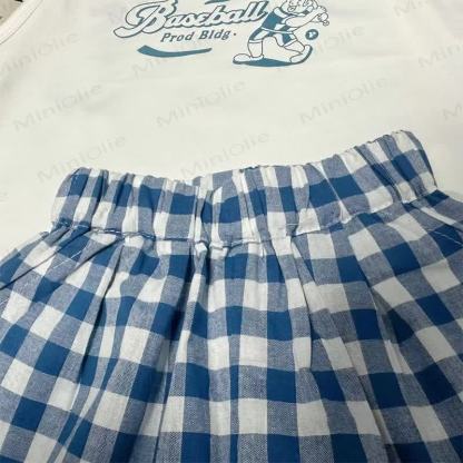 Baby Toddler White Baseball Print Tank Top or Blue Plaid Shorts - image 5