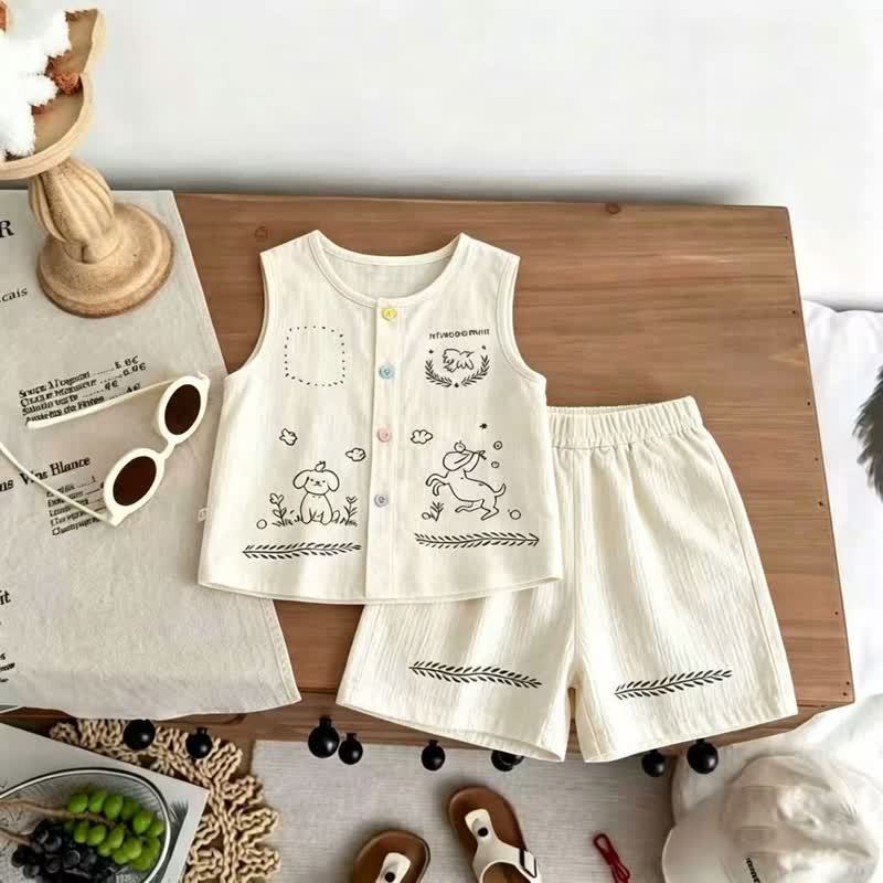 Baby Toddler Kid Dog Print Sleeveless Button Front Tank Top and Shorts 2-piece Set - Beige - 12-13T - image 2