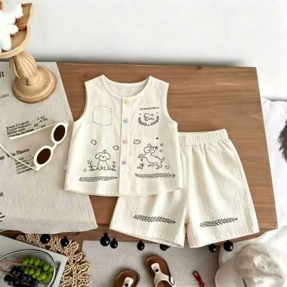 Baby Toddler Kid Dog Print Sleeveless Button Front Tank Top and Shorts 2-piece Set - Beige - 12-13T - image 2