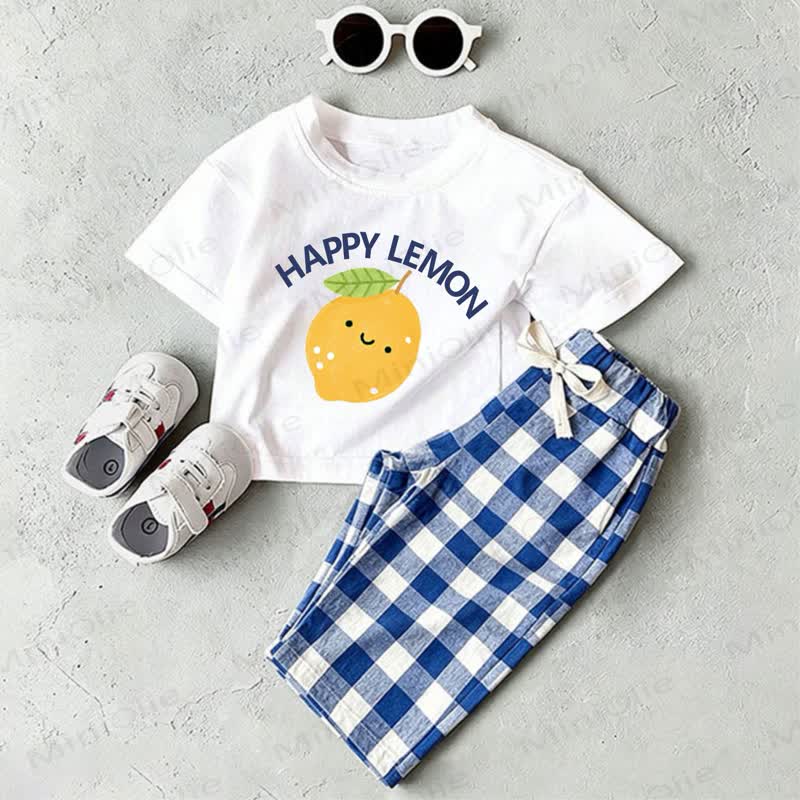 HAPPY LEMON Baby White Lemon Print T-shirt and Blue Plaid Pants 2-Piece Set - White&Blue - 2-3T - image 1