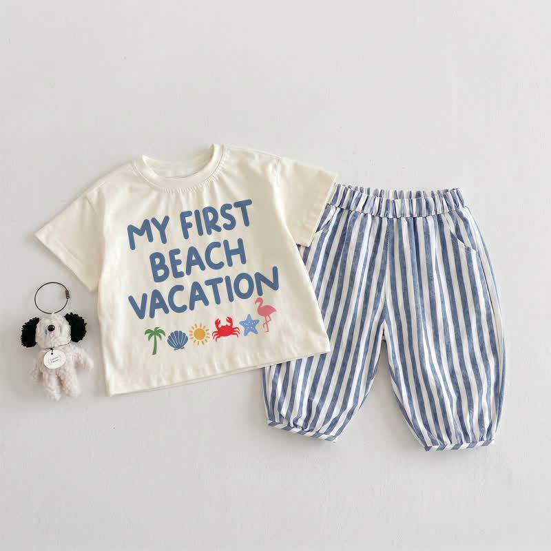 MY FIRST BEACH VACATION Baby Toddler Beige&Blue Vertical Striped 2-piece Set - Beige&Blue - 3-4T - image 1
