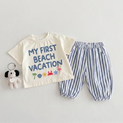 MY FIRST BEACH VACATION Baby Toddler Beige&Blue Vertical Striped 2-piece Set - Beige&Blue - 3-4T - image 1