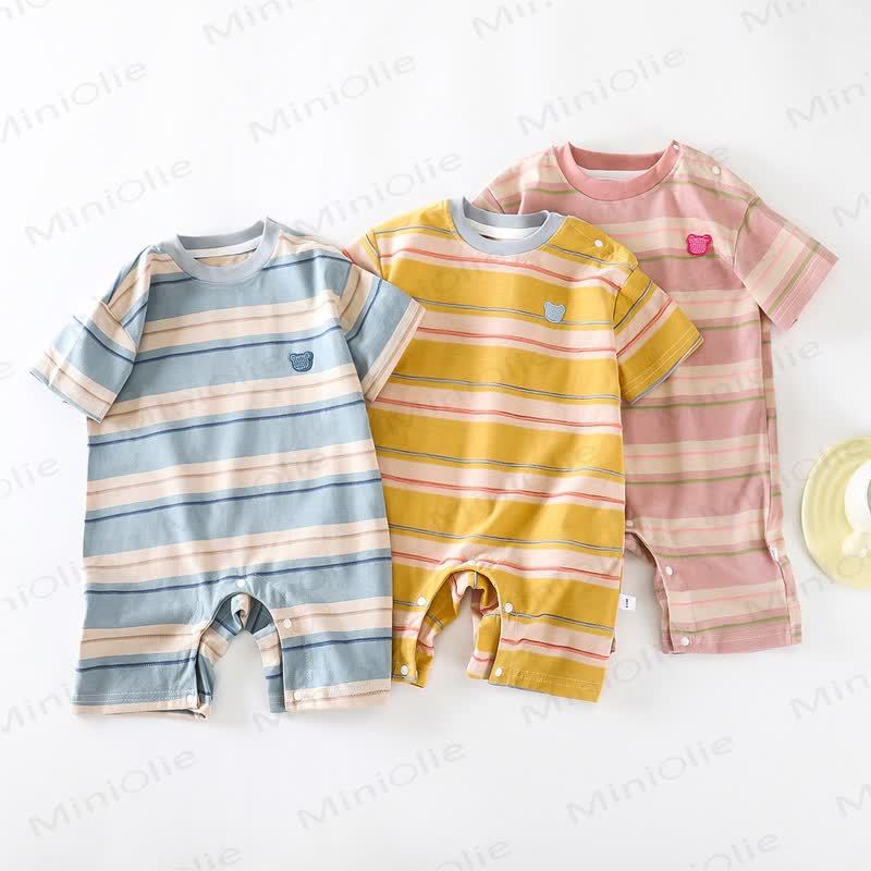 Baby Yellow Stripe Bear Embroidered Short Sleeves Romper - image 1