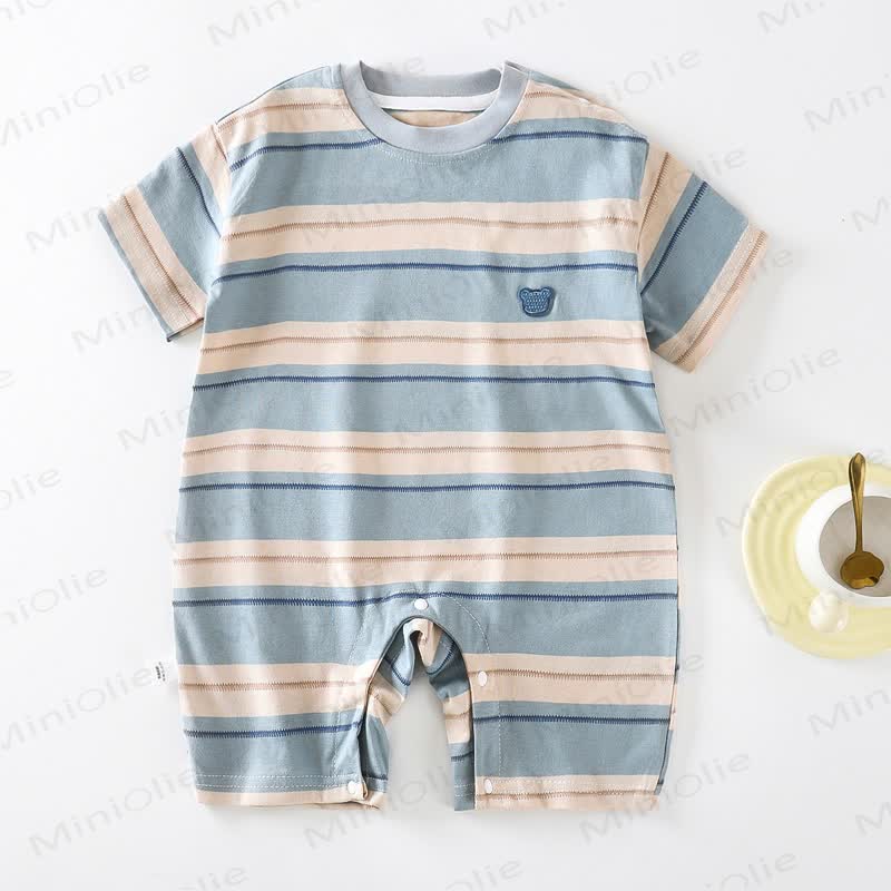 Baby Yellow Stripe Bear Embroidered Short Sleeves Romper - Blue - 2-3T - image 3