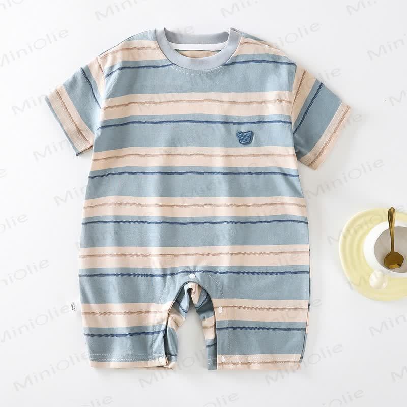 Baby Yellow Stripe Bear Embroidered Short Sleeves Romper - Blue - 2-3T - image 3