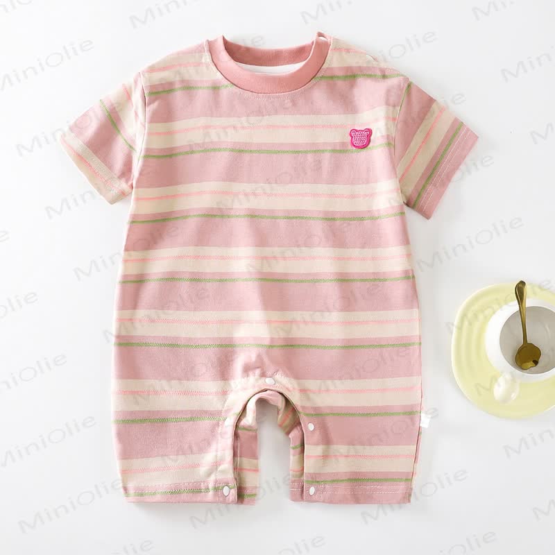 Baby Yellow Stripe Bear Embroidered Short Sleeves Romper - Pink - 2-3T - image 4