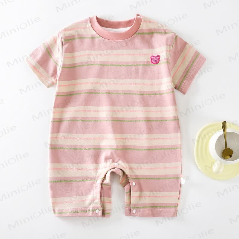 Baby Yellow Stripe Bear Embroidered Short Sleeves Romper - Pink - 2-3T - image 4