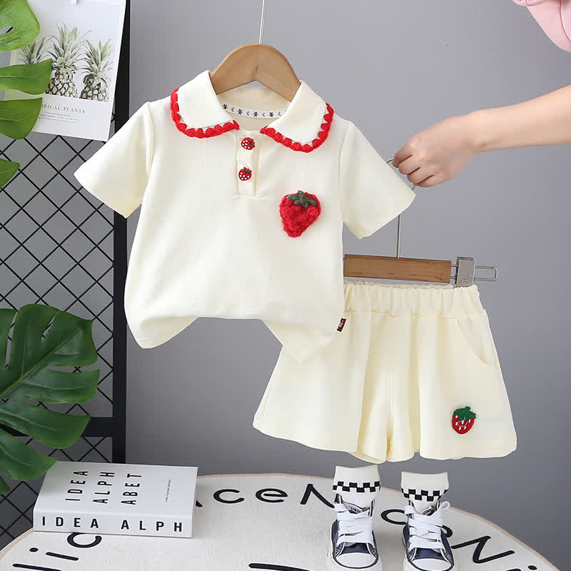 Toddler Baby Girl Strawberry Peter Pan Collar Top and Shorts 2-piece Set - Beige - 4-5T - image 3