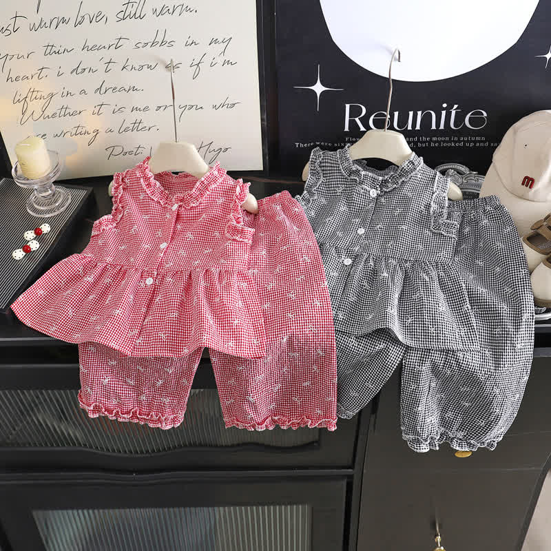 Toddler Girl Gingham Bowknot Ruffle Sleeveless Top and Pants 2-piece Set - image 1