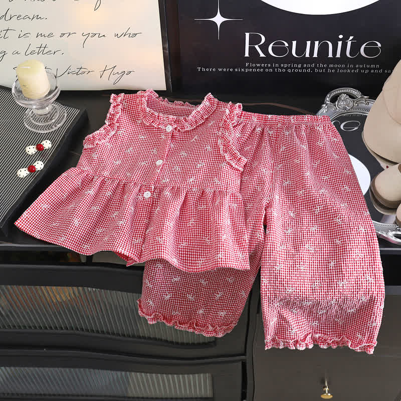 Toddler Girl Gingham Bowknot Ruffle Sleeveless Top and Pants 2-piece Set - Pink - 8-9T - image 3