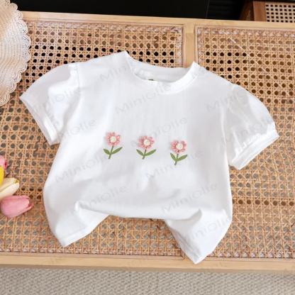 Toddler Girls Flower Embroidered Puff Sleeve T-Shirt - White - 6-7T - image 4