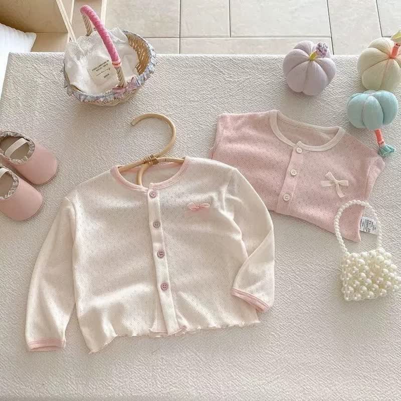 Toddler Girls Pointelle Bow Knit Cardigan Coat - Apricot - 6-7T - image 2