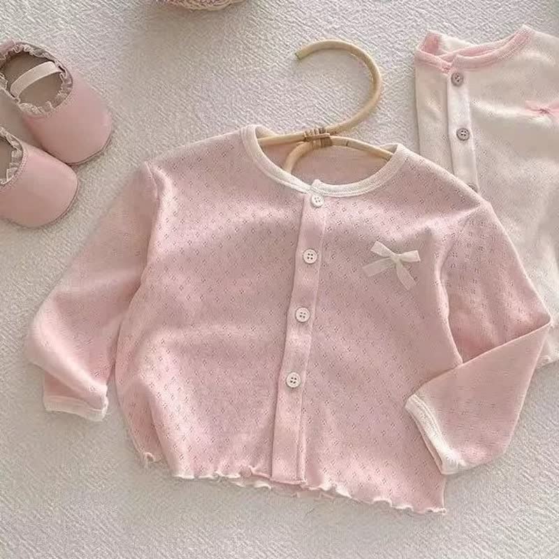 Toddler Girls Pointelle Bow Knit Cardigan Coat - Pink - 6-7T - image 3