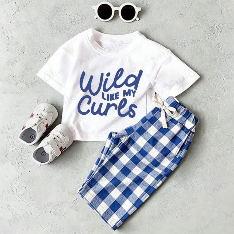 WILD LIKE MY CURLS Baby White Slogan T-shirt and Blue Plaid Pants 2-Piece Set - White&Blue - 2-3T - image 1