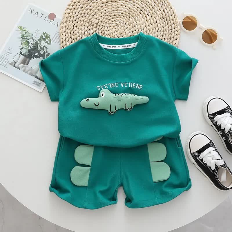 Toddler 3D Crocodile Applique Tee and Shorts 2-piece Set - Green - 6-7T - image 2