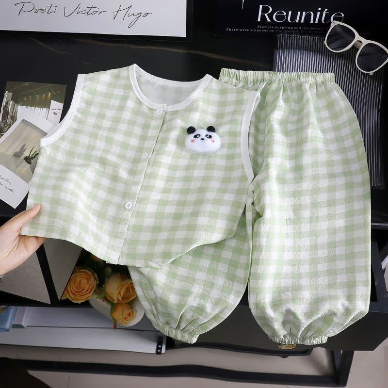 Toddler Gingham Panda Snap Front Tank Top and Pants 2-piece Set - Green Plaid - 8-9T - image 2