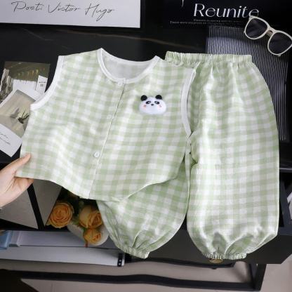 Toddler Gingham Panda Snap Front Tank Top and Pants 2-piece Set - Green Plaid - 8-9T - image 2