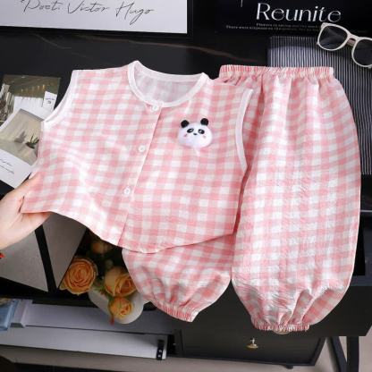 Toddler Gingham Panda Snap Front Tank Top and Pants 2-piece Set - Pink Plaid - 8-9T - image 3