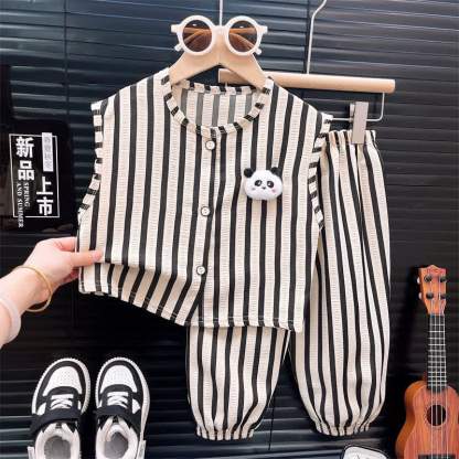 Toddler Gingham Panda Snap Front Tank Top and Pants 2-piece Set - Black Striped - 8-9T - image 5
