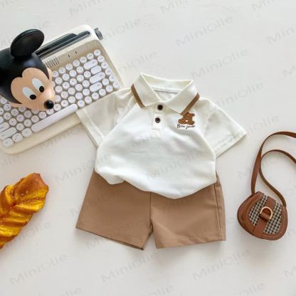 Baby Bear Embroidered Polo Shirt Shorts or Skirt 2-piece Set - Beige Tee and Shorts - 3-4T - image 2