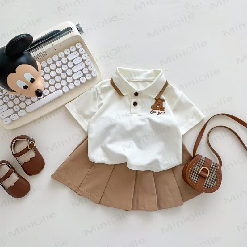 Baby Bear Embroidered Polo Shirt Shorts or Skirt 2-piece Set - Beige Tee and Skirt - 3-4T - image 3