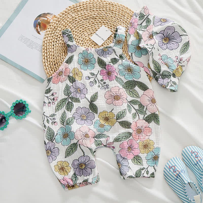 Baby Multi-Flower Print White Romper With Hat - image 3