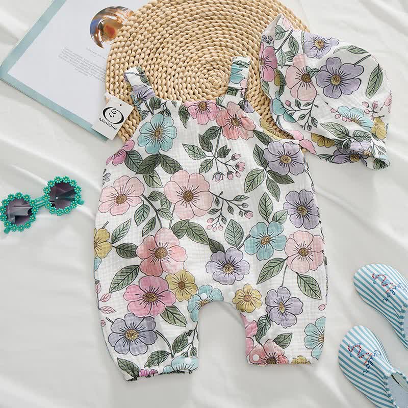 Baby Multi-Flower Print White Romper With Hat - image 2