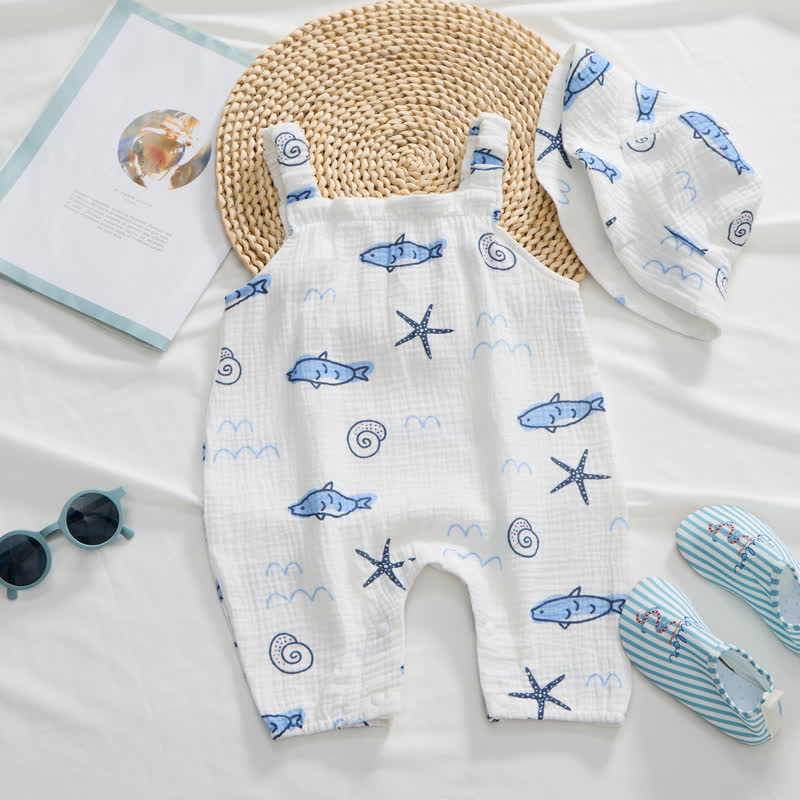 Baby Little Fish Print White Jumpsuit with Hat - image 3
