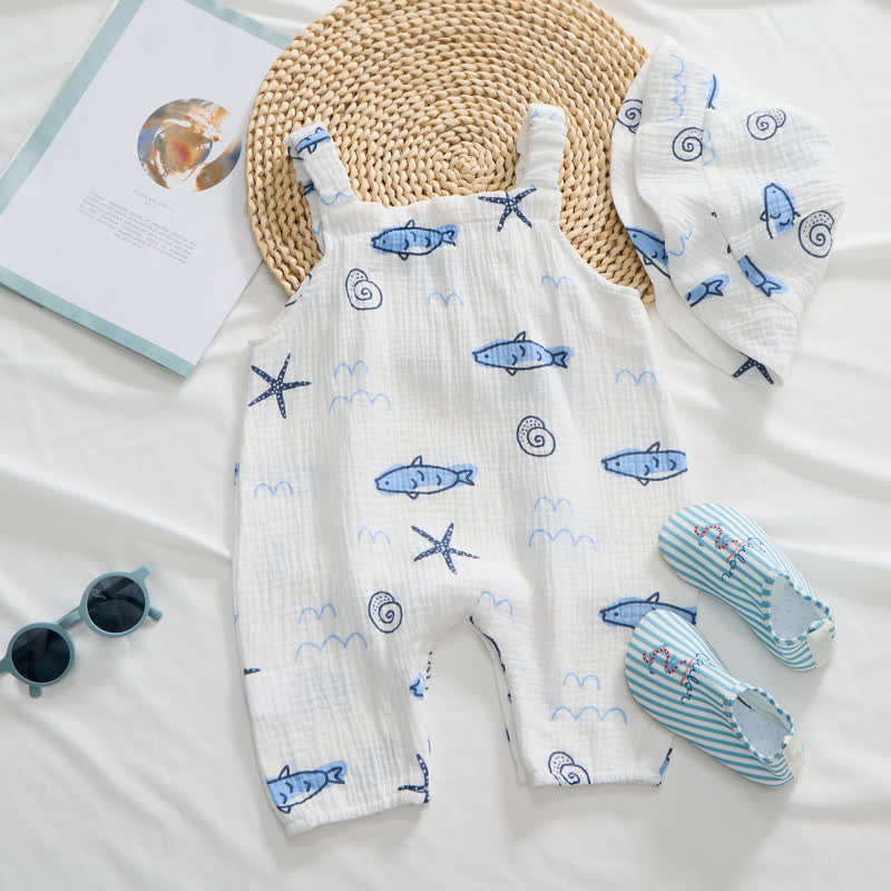 Baby Little Fish Print White Jumpsuit with Hat - image 2