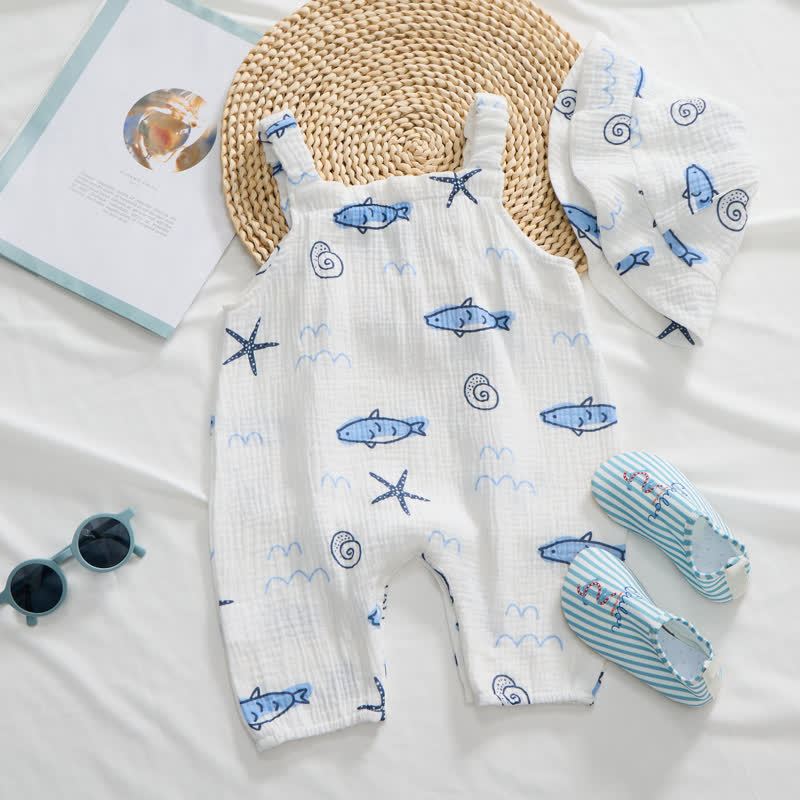 Baby Little Fish Print White Jumpsuit with Hat - image 2