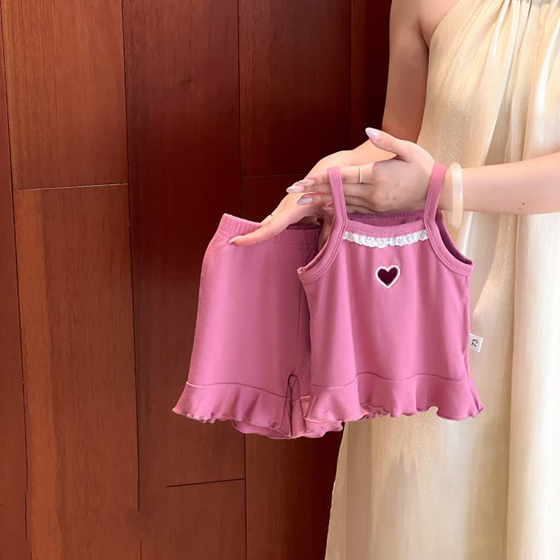 Baby Toddler Girl Heart Lace Trim Ribbed Cami Top and Shorts 2-piece Set - Pink - 4-5T - image 1