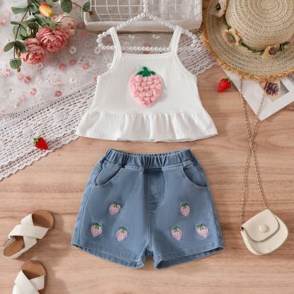 Toddler Girl Strawberry Cami Top and Denim Shorts 2-piece Set - Pink - 7Y - image 2