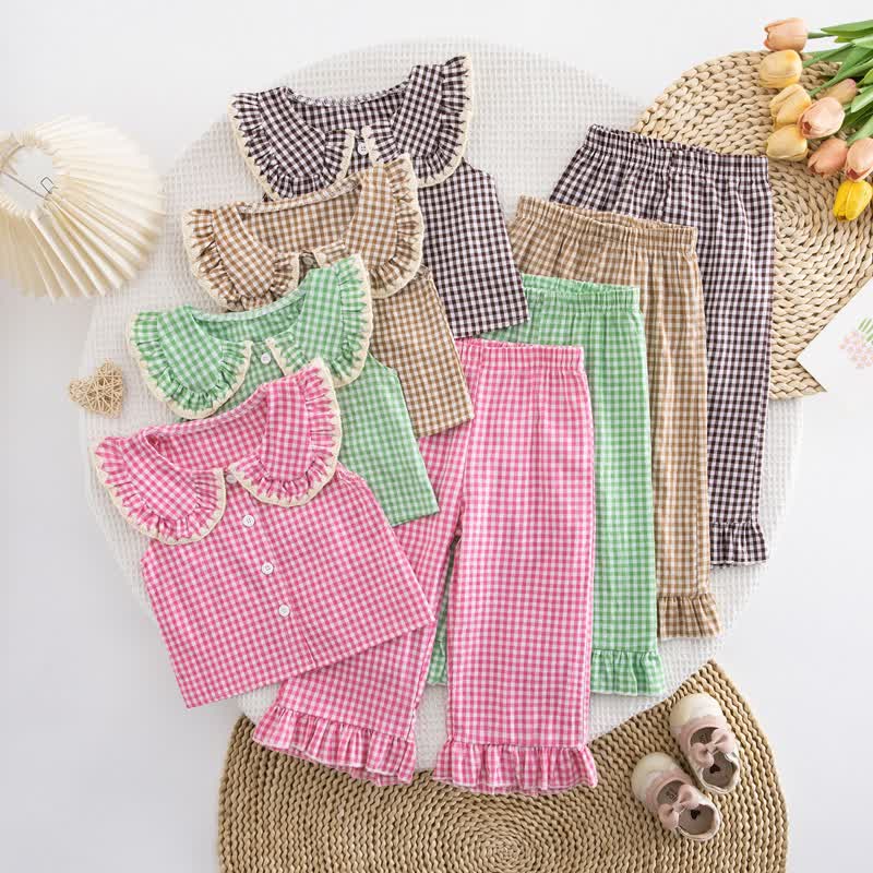Toddler Baby Girl Gingham Ruffle Collar Sleeveless Top and Pants 2-piece Set - image 1