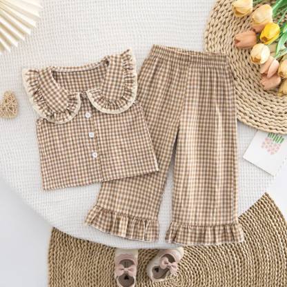 Toddler Baby Girl Gingham Ruffle Collar Sleeveless Top and Pants 2-piece Set - Beige - 4-5Y - image 4