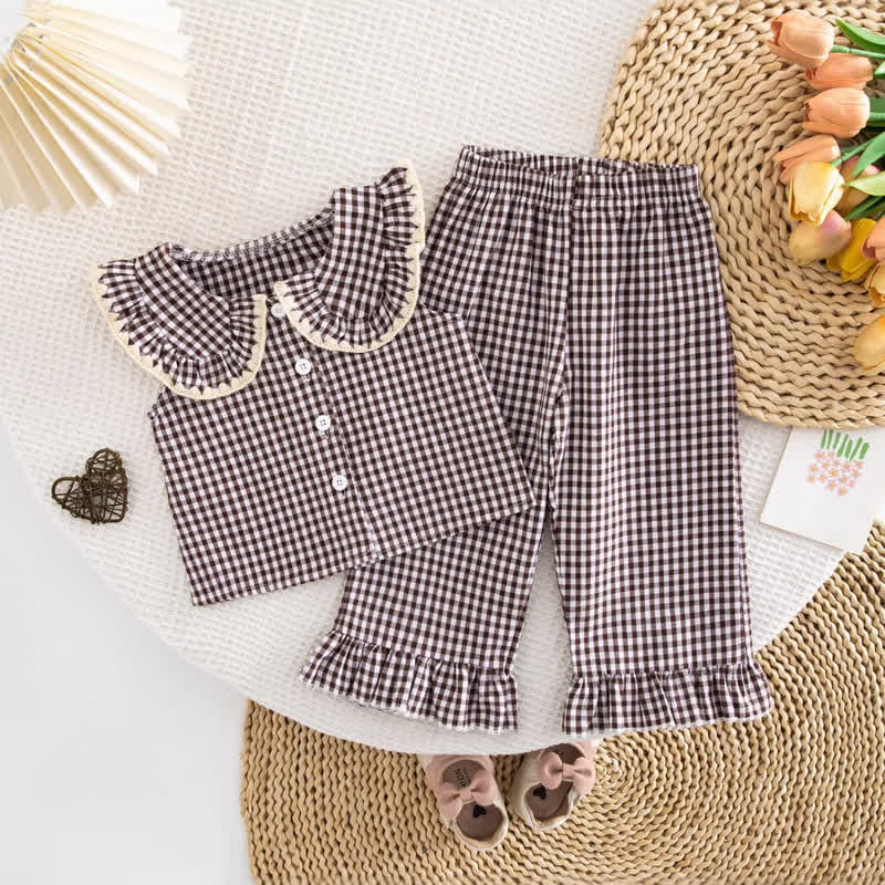 Toddler Baby Girl Gingham Ruffle Collar Sleeveless Top and Pants 2-piece Set - Brown - 4-5Y - image 3