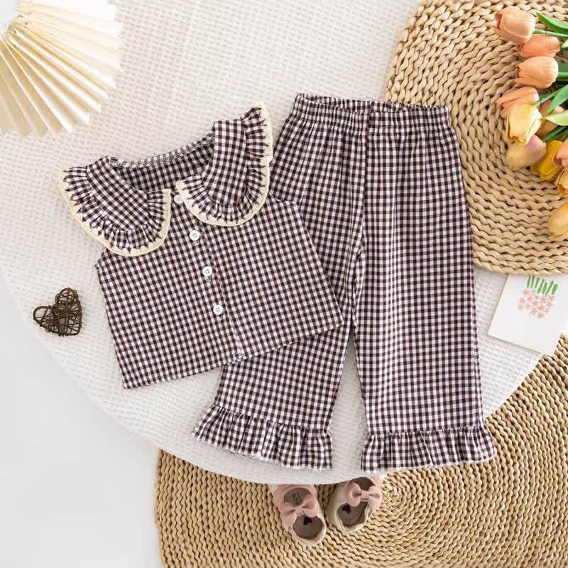 Toddler Baby Girl Gingham Ruffle Collar Sleeveless Top and Pants 2-piece Set - Brown - 4-5Y - image 3