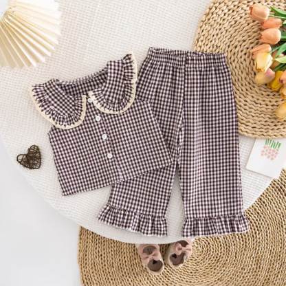Toddler Baby Girl Gingham Ruffle Collar Sleeveless Top and Pants 2-piece Set - Brown - 4-5Y - image 3