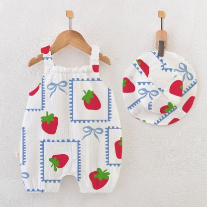 Baby Girls Strawberry Bows Romper with Hat - White - 18-24M - image 1