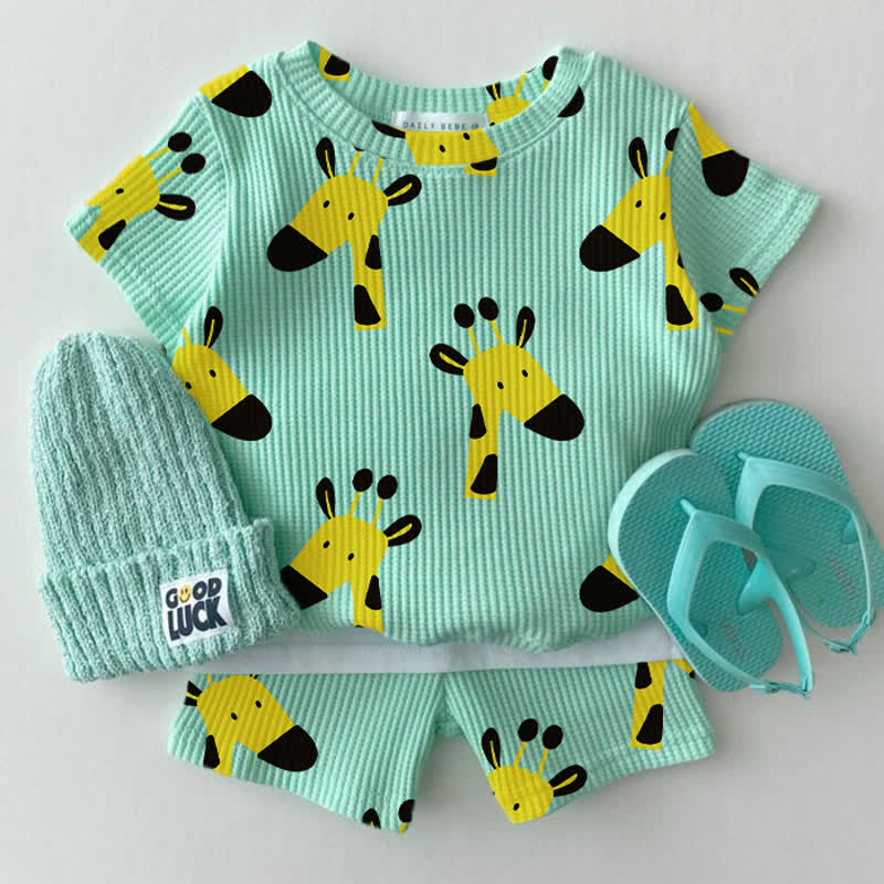 Baby Green Giraffe Waffle Tee and Shorts 2-piece Set - Green - 2-3T - image 1