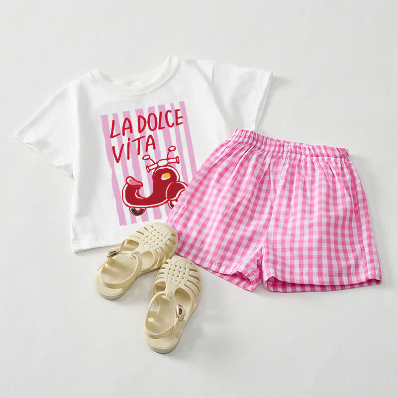 LA DOLCE VITA Baby White Tee and Pink Plaid Shorts 2-Piece Set - White&Pink - 3-5T - image 1