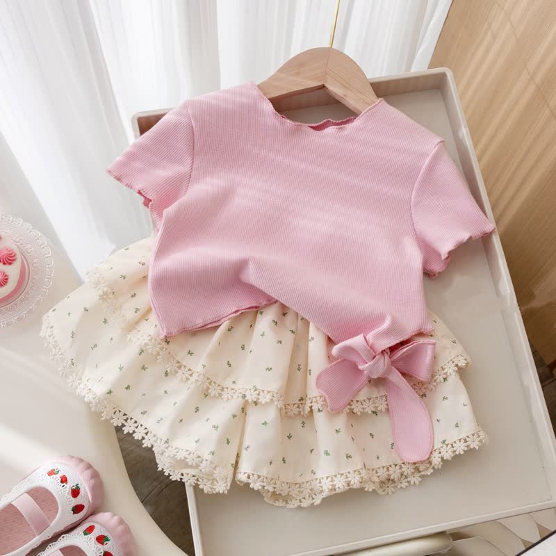 Toddler Baby Girl Pink&Beige Ribbed Top and Floral Shorts 2-piece Set - Pink - 6-7T - image 1