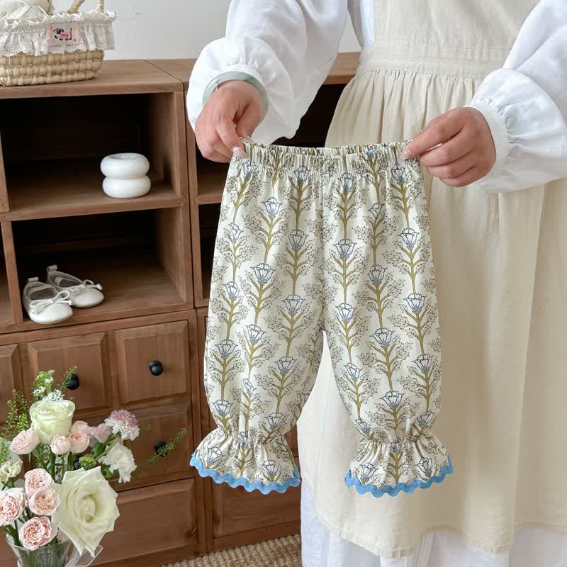 Baby Toddler Girl Vintage Floral Ruffle Hem Harem Pants - Blue - 3-4T - image 2